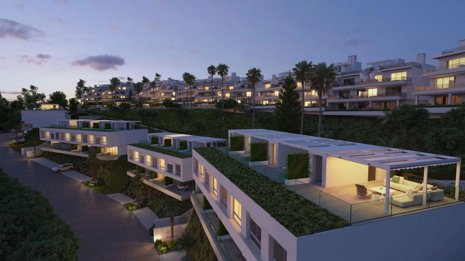 Modern Townhouses With Sea Views Aerial View Night